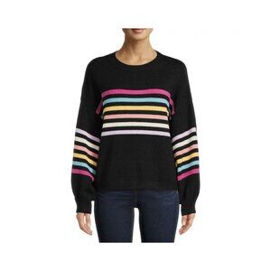 Dreamers by Debut Women's Rainbow Striped Sweater with Puff Sleeves XS